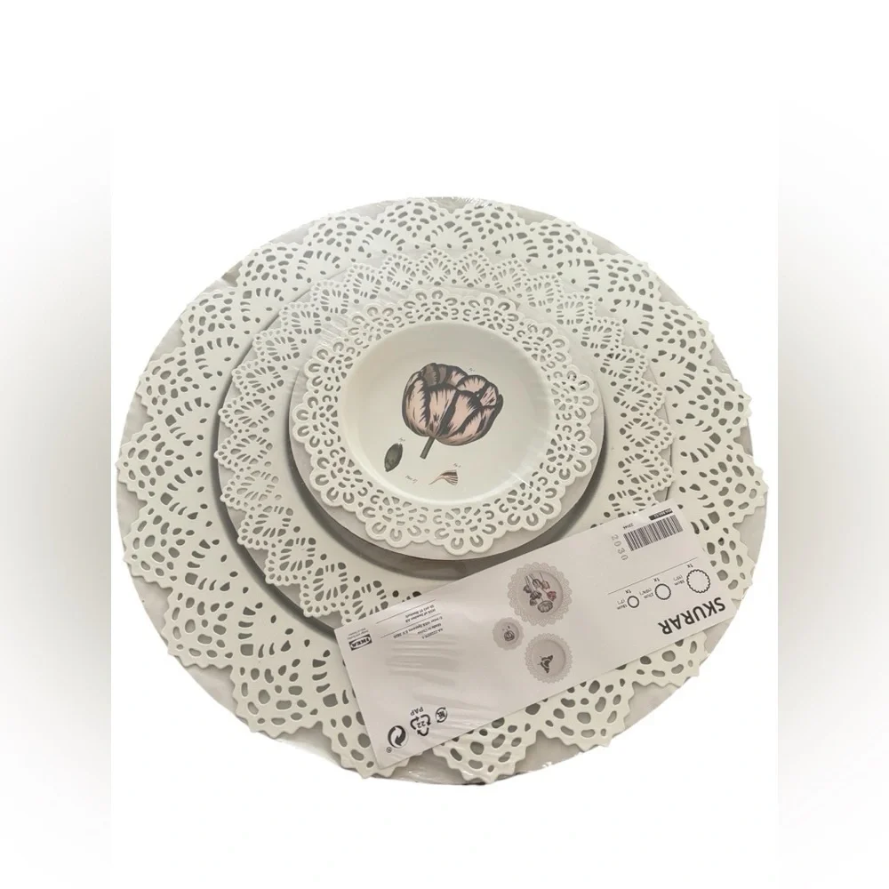 IKEA Skurar Wall Decoration Plates White Set 3 Tulips Butterfly Lace Look Retro